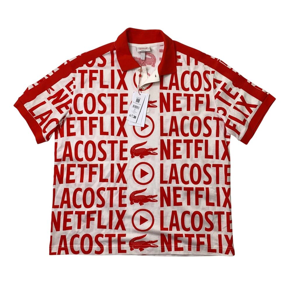 Lacoste x Netflix Shirt Mens 5 Red White Cotton Loose Fit All Over Print AOP NWT